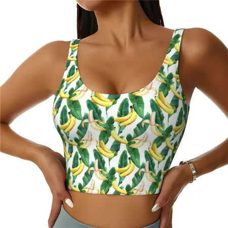 Adobk Banana Tree Leaves Print Sports Bras for Women Longline Workout Crop Tank Tops Padded with Built in Shelf Padded Sports Bra-XX-Large