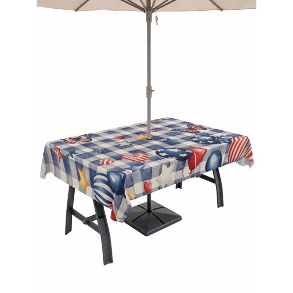 Outdoor Tablecloths with Umbrella Hole & Zipper, Independence Day Tablecloth Rectangle 60x84 Inch, Flag Balloons Butterflies Blue Plaid Waterproof Table Cloth, Patio/Pool/Picnic Table Covers