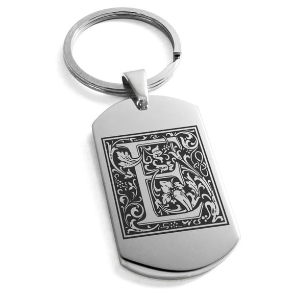 Stainless Steel Letter E Initial Floral Box Monogram Engraved Engraved Dog Tag Keychain Keyring