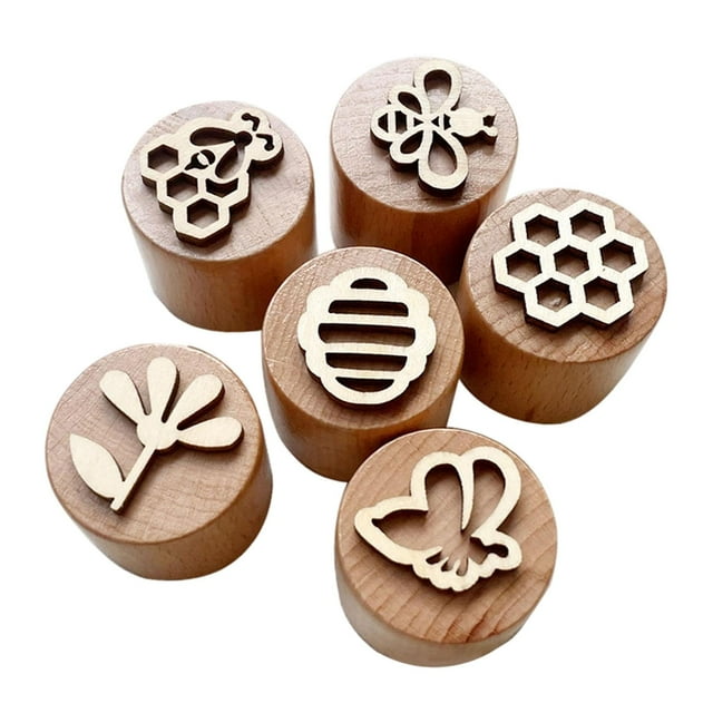 Sellos de madera redonda de juguetes para aprender, artesanía de arte, sellos de arcilla para tarjetas que hacen bricolaje artesanía de decoraciones Flores de ciclo de abejas