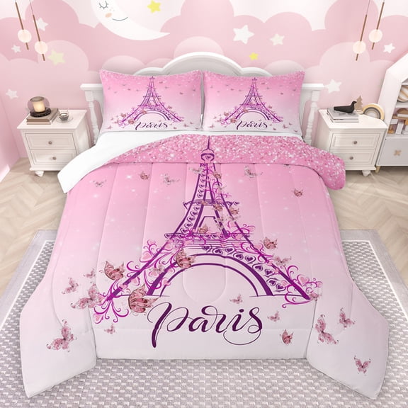 jejeloiu Paris Eiffel Tower Bedding Comforter Set,Cute Cartoon Butterflies Twin Comforter Sets,Pink Glitter Print Bedding Set For Girls Kids,Microfiber Bedroom Decor,2pcs