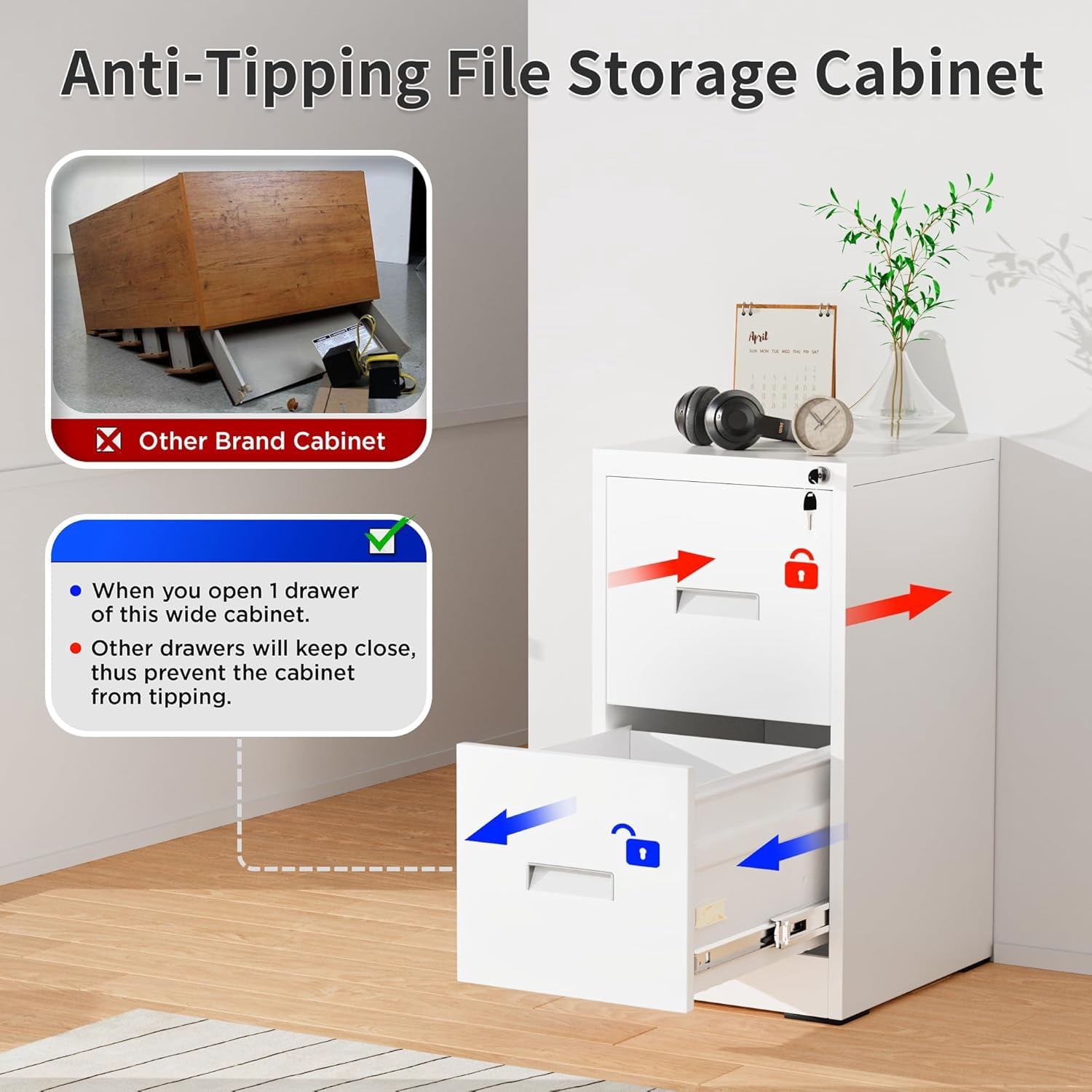 SOLAURA 2 Drawer Metal Vertical File Storage Cabinet with Lock for Home, Office, Steel File Cabinet for A4 Letter /Legal Size (White)