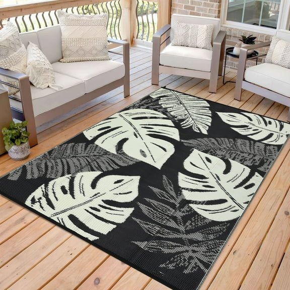 Tzou Waterproof Reversible Outdoor Rug 9 x 12ft Tropical Palm Design, Portable Camping Mat w/Carry Bag & Stakes
