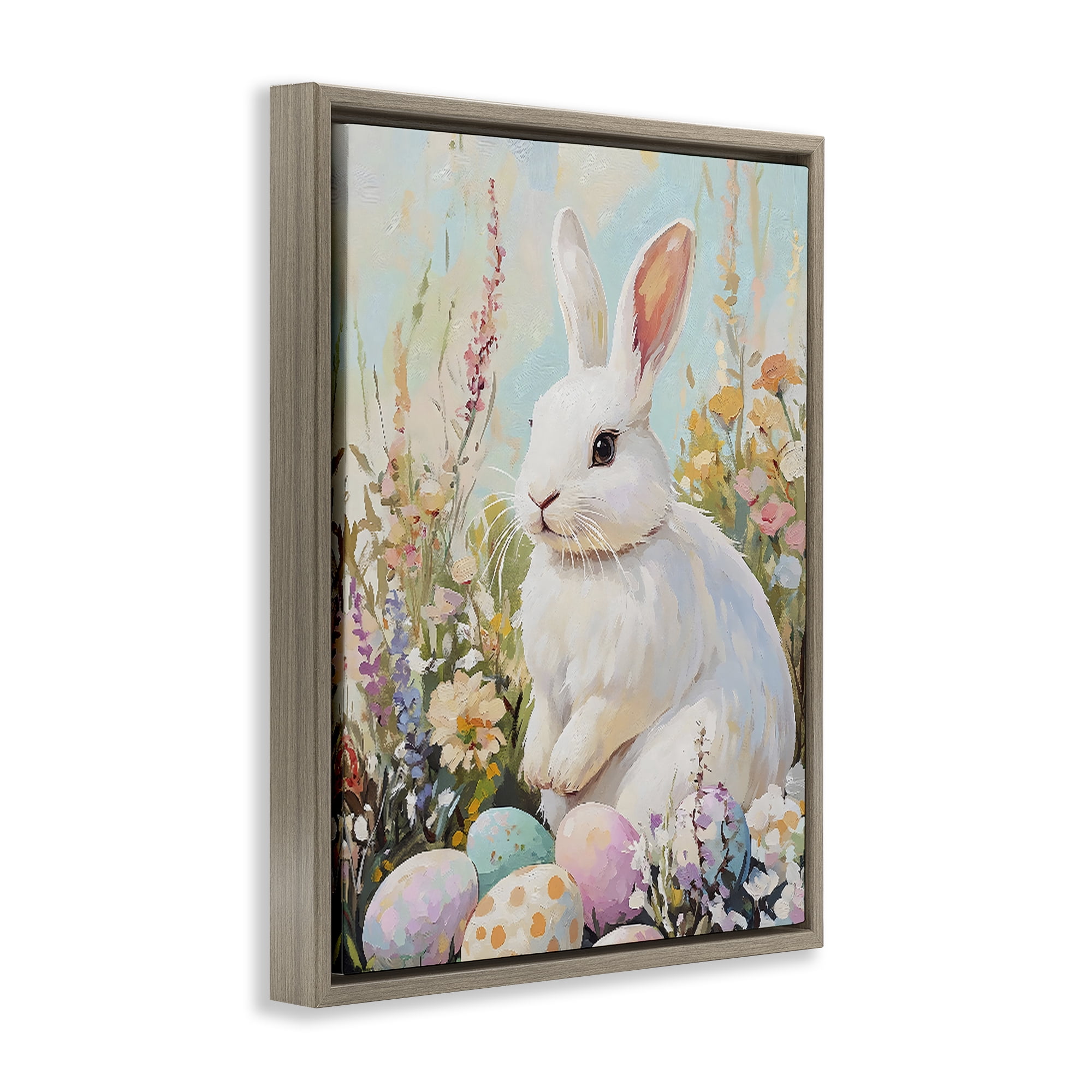 Stupell Industries White Easter Bunny in Wildflowers Brown Framed Floater Canvas Wall Art, design by The Prints Vibe