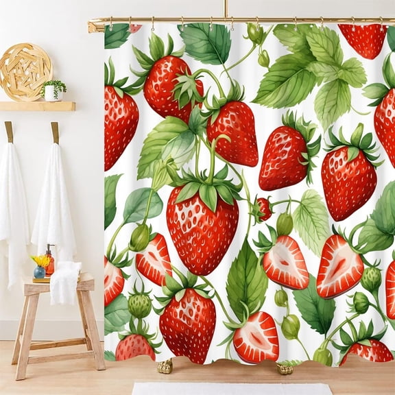 Peach Shower Curtain, Watercolor Fruits Shower Curtain for Bathroom Waterproof Fabric Green and Pink Shower Curtain Set with Hooks, 84x84 Inch