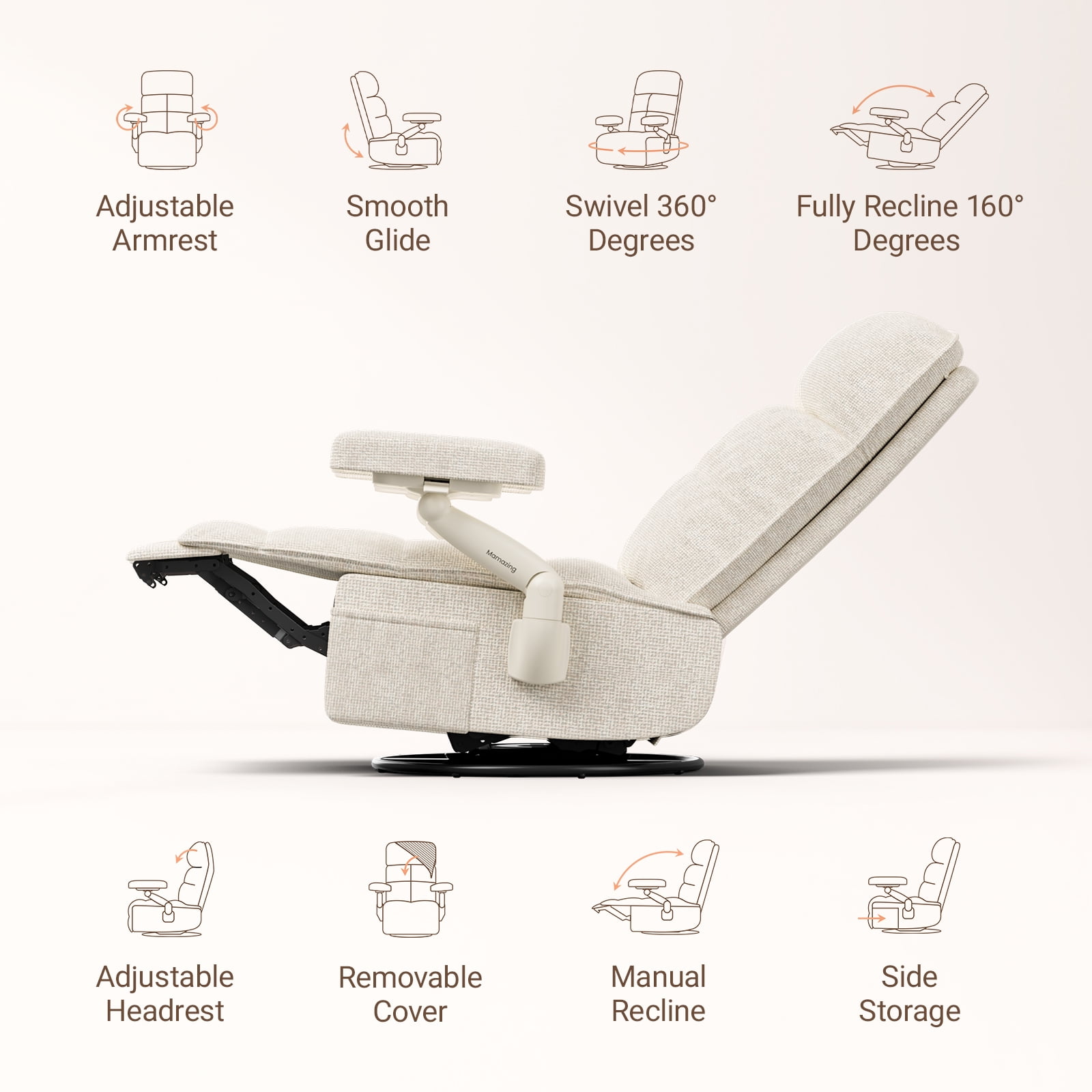 MAMAZING Nursery Chair Silent Rocking Ergonomic Removable Swivel Glider Recliner, Adjustable Armrests & Headrest, White