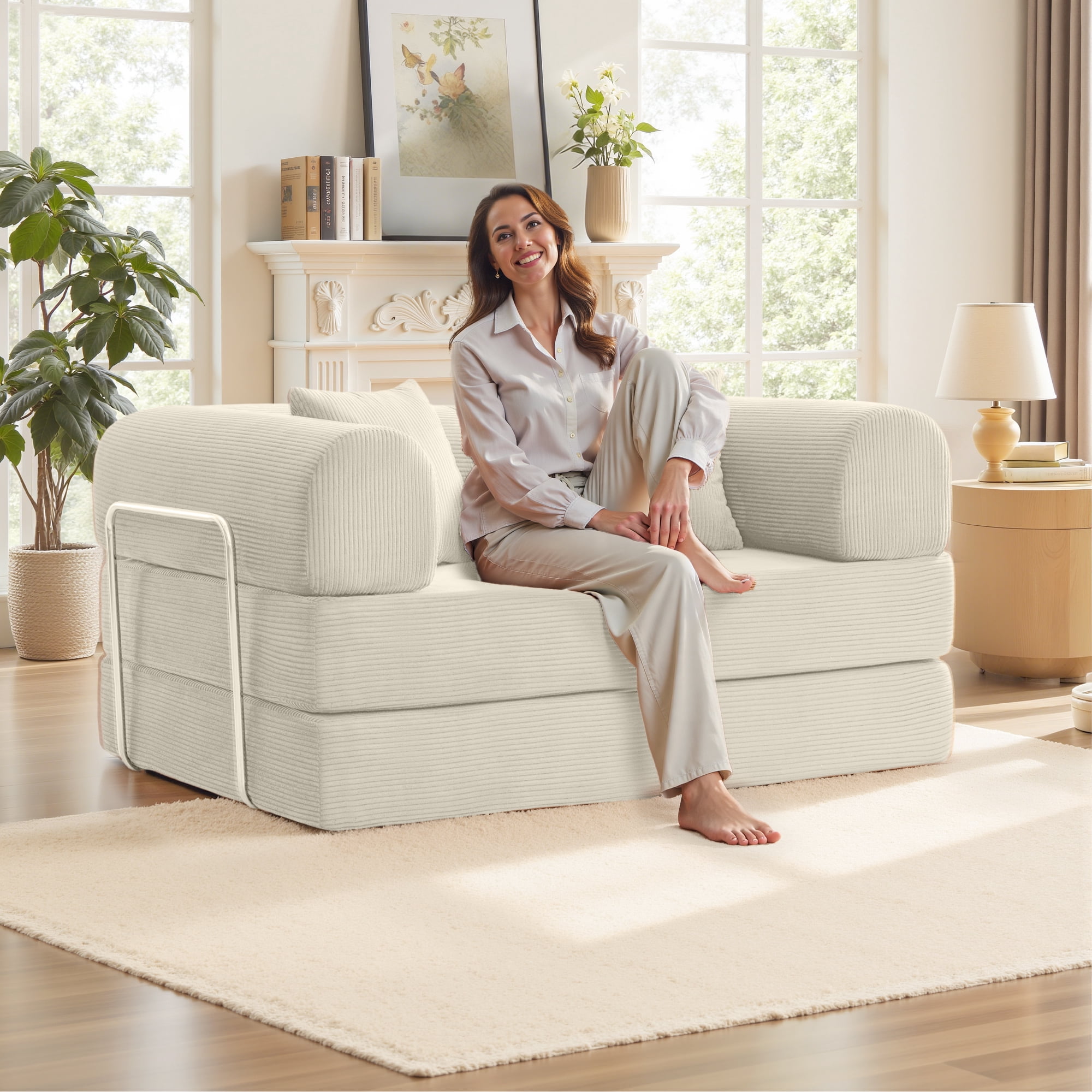 COOLHUT 63" W Combination Sofa, High Rebound Density Foam Sofa Couch, Two Forms Floor Couch Three Seats Sofa Bed for Living Room, Bedroom, Beige