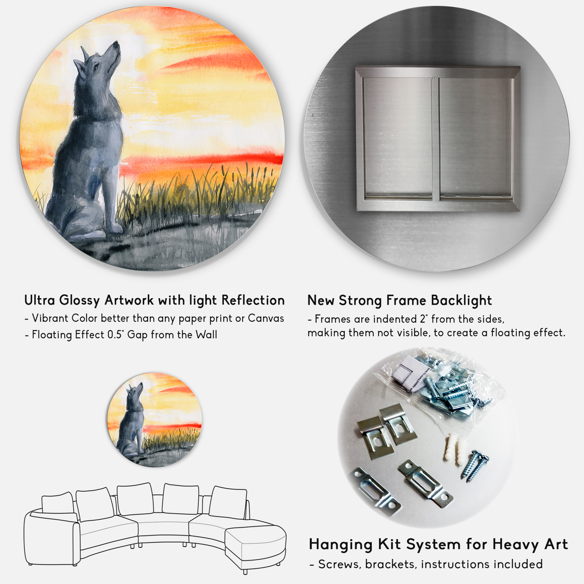 Designart 'Portrait Of Grey Wolf Howling At The Moon' Traditional Circle Metal Wall Art 29x29 - Disc of 29