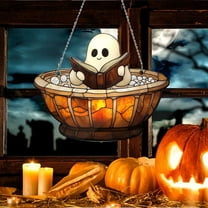 Halloween Decor Indoor ,Halloween Decorations Outdoor,Halloween Ghost Bathtub Suncatcher Cozy Stained Glass Style Window Decor With Book Cute Fall Ornament For Spooky Readers Relaxation Gift