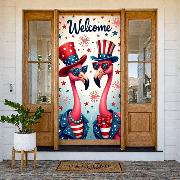 Pink Flamingo Welcome 4th of July Banner Patriotic Style American Independence Backdrop Star Pattern Firework National Day Banner for Independence Day Party, Patriotic Gathering, Outdoor Event