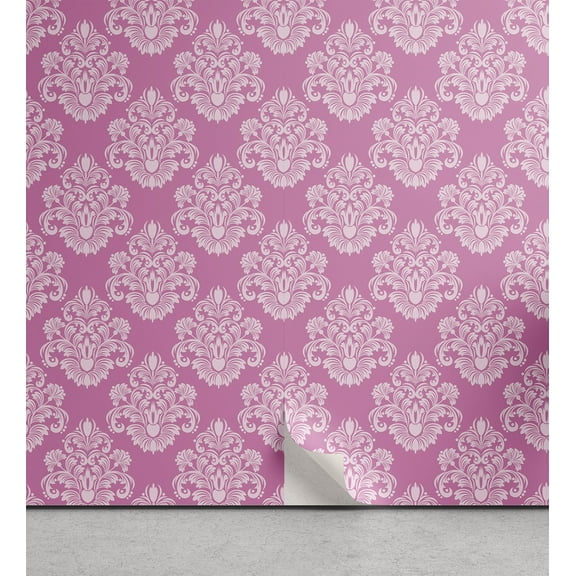 Ambesonne Damask Peel & Stick Wallpaper for Home, Middle Eastern Blossom, 13"x36", Pink White