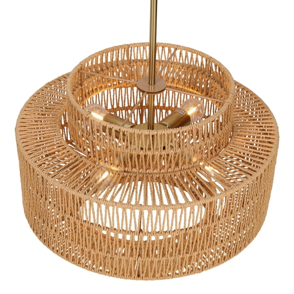 Lanzxjv 17.7" Rattan Lampshade, Rattan Farmhouse Chandelier Lamp Shade, 3-Tier Hand-Woven Rustic Drum Chandelier Pendant Lampshade for Kitchen Island Bedroom Living Room