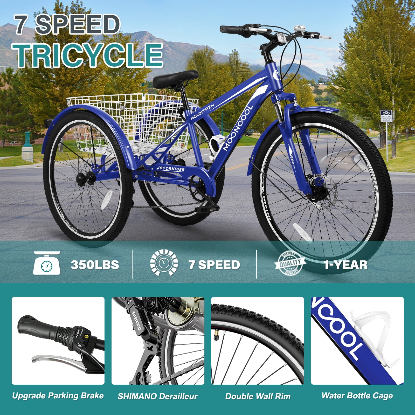 MOONCOOL 7-Speed Adult Mountain Tricycle, 24/26/27.5 Inch