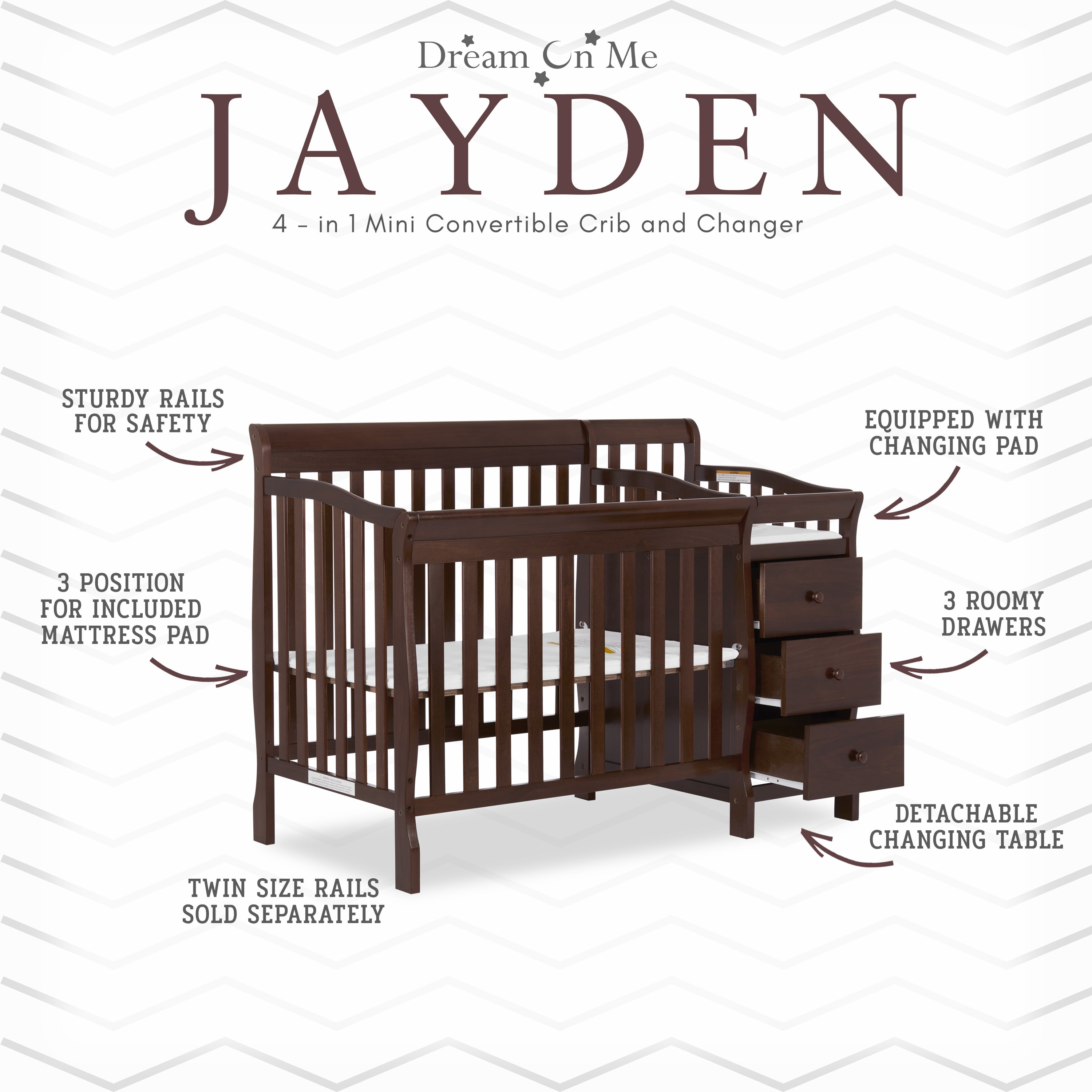 Dream On Me Jayden 4-in-1 Convertible Crib with Changer Espresso