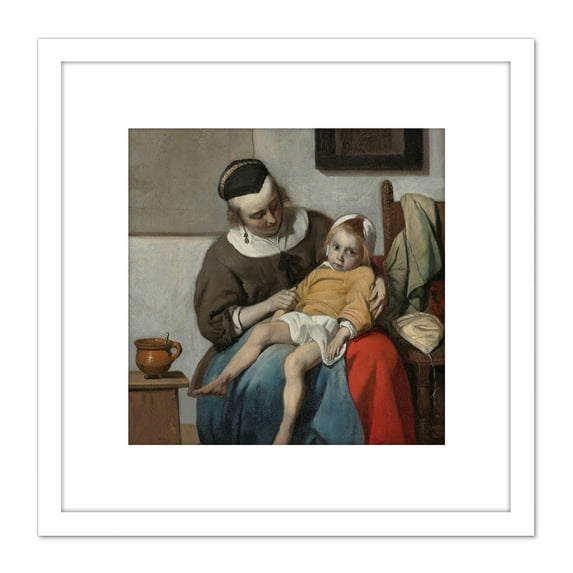 Gabriel Metsu The Sick Child Painting 8X8 Inch Square Wooden Framed Wall Art Print Picture with Mount