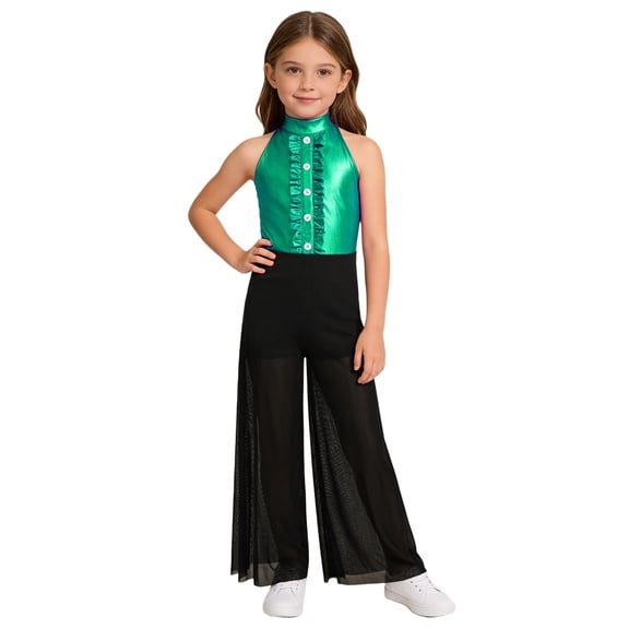 TiaoBug Girls Jazz Dance Jumpsuit with Metallic Bodice Patchwork Mesh Wide Leg Pants Romper for Performance Green 6