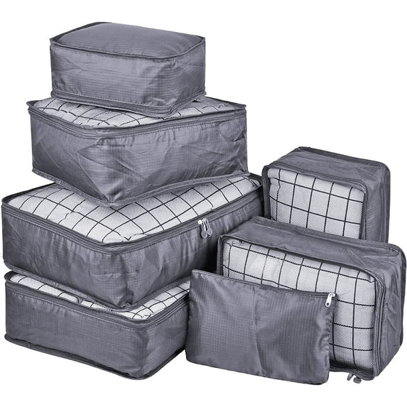 Vercord 7 Set Travel Packing Organizers Cubes Luggage Suitcase Organizer Bags Clothes Underwear Cube Shoe Pouch Pack Grey