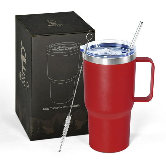 Stainless steel tumbler with handle, 20 oz vacuum insulated coffee mug, double wall thermal cup with straw and splash proof lid, ideal for travel work outdoors, red