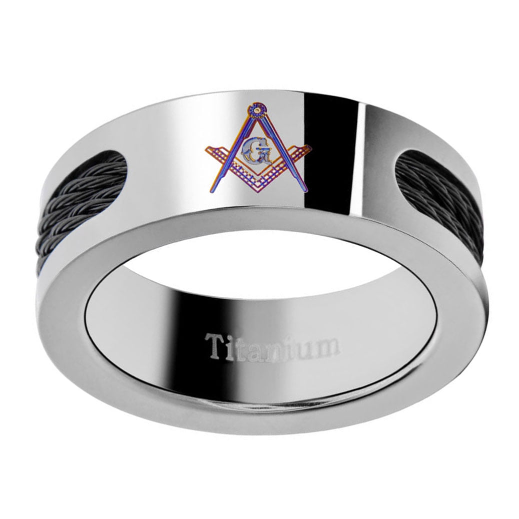 FlameReflection 8MM Mens Black Titanium Ring Freemason Masonic Stainless Steel Cable Inlay SPJ