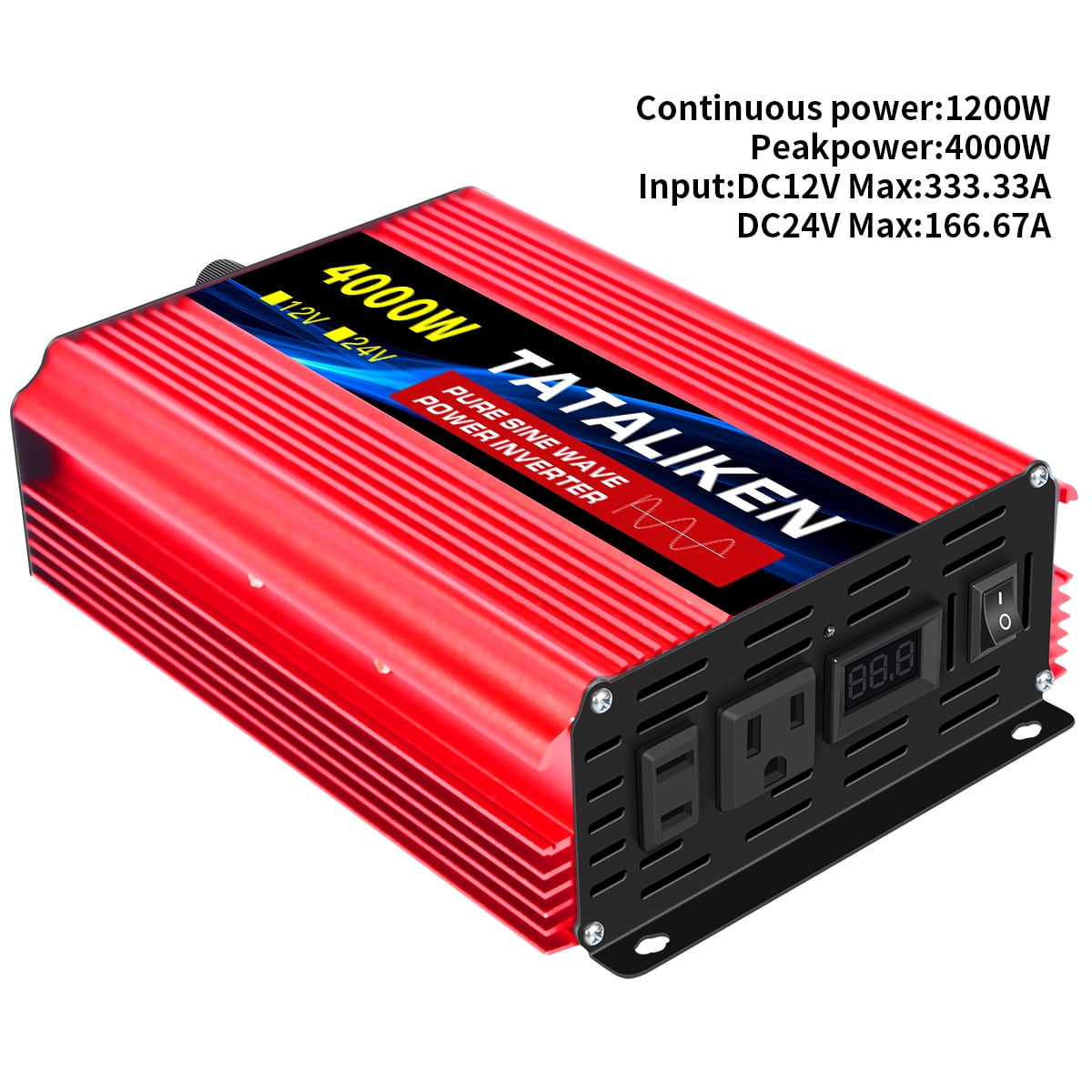 TATALIKEN 4000W（Rating power 1200 W）Pure Sine Wave Power Inverter DC 12V to AC 110V/120V Car Inverter with Battery Clamp Cable 2 AC Outlets for Power Tools Home Vehicles RV Truck, LCD Display Red