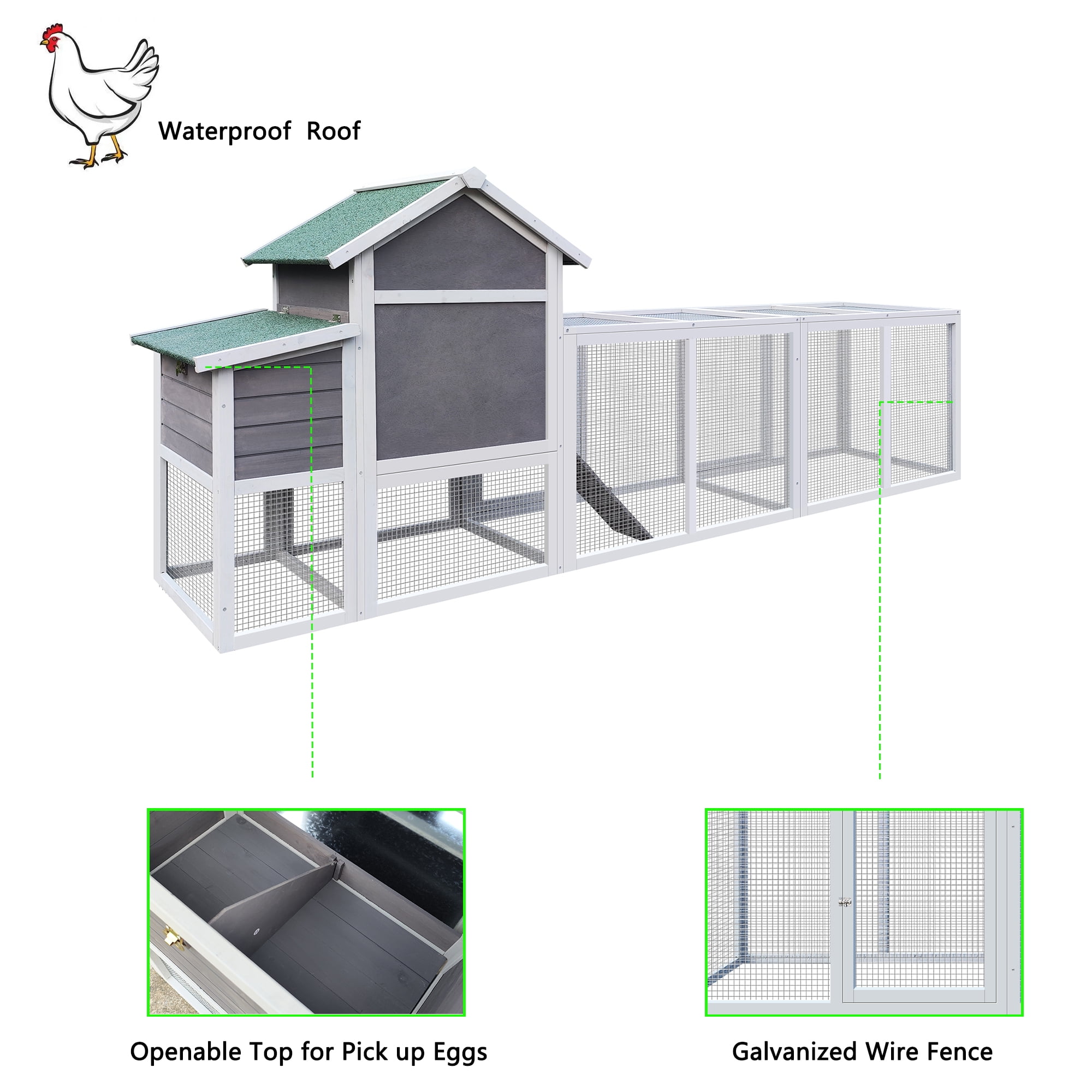 Wooden Chicken Coop Outdoor Hen House with Run, Waterproof Roof & Nesting Box, Rabbit Duck Poultry Cage with Perch, Sliding Tray, and Secure Locks