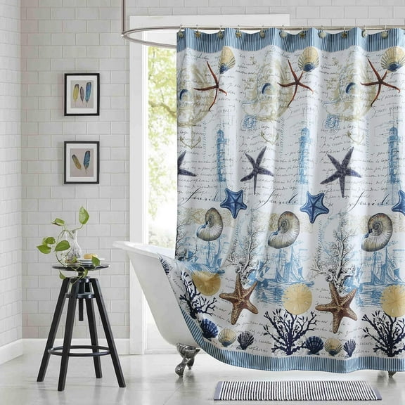Long Stall Shower Curtain, 54 x 78 Inch Coastal Shower Curtain, Seashell Starfish Nautical Lighthouse Fabric Shower Curtains for Bathroom, 54" W x 78" H