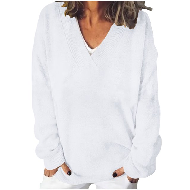 tarylea Oversized Tops for Women V Neck Ribbed Knitted Pullover Long Sleeve Solid Color Tops Casual Loose Shirts