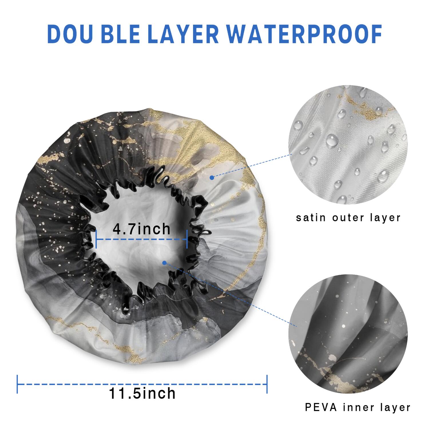Shower Caps,Black White Gold Marble Pattern Waterproof Shower Cap for Women 4 Pieces,Double Reusable Hair Cover for Shower PEVA Elastic Stretch Hem