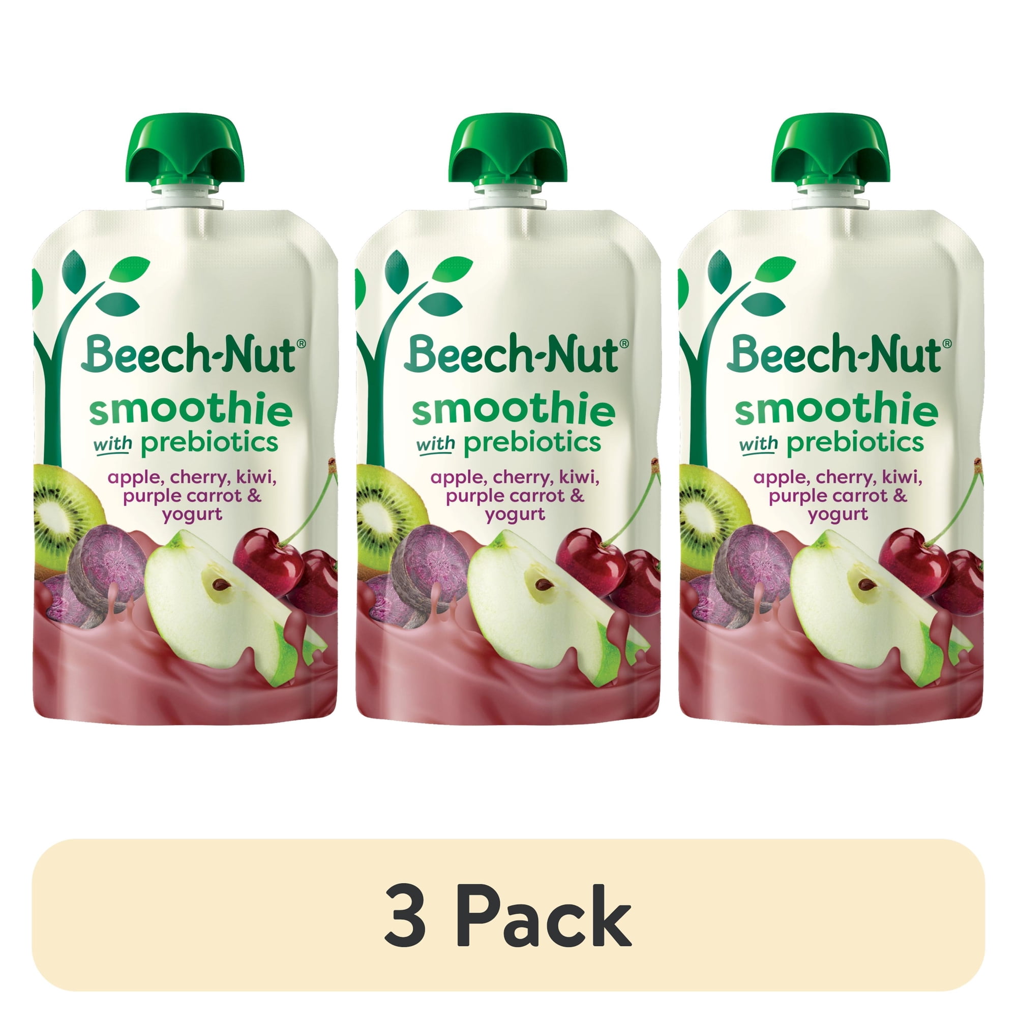 (3 pack) Beech-Nut Smoothie + Prebiotics for Toddlers, Apple Cherry Prpl Carrot Yogurt, 3.5oz Pouch