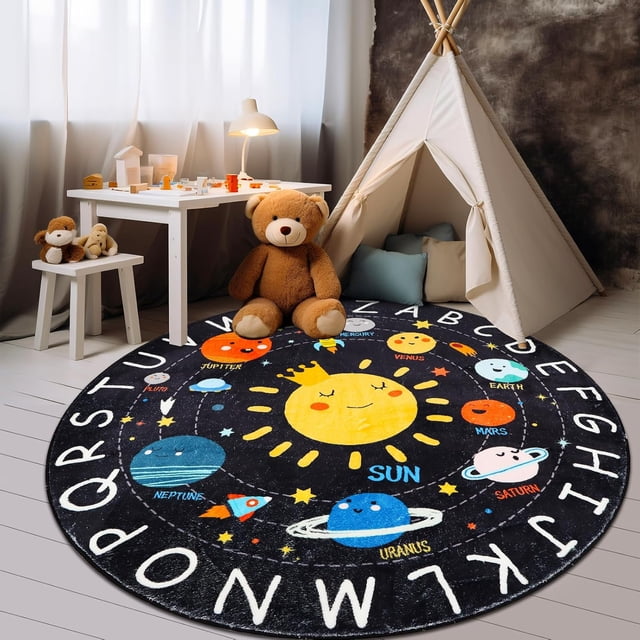 Round ABC Kids Rug,160CM Soft Circle Alphabet Playroom Rug,Washable Non-Slip Solar System Kids Play Rug,Space Educational Rug Kids Carpet for Classroom Playroom Bedroom Kids Room Decor