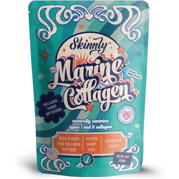 Skinnly Marine Collagen Peptides Powder, Unflavored, Hydrolyzed Fish Collagen Type I for Skin, Hair & Nails, Easy Mix, 8 oz