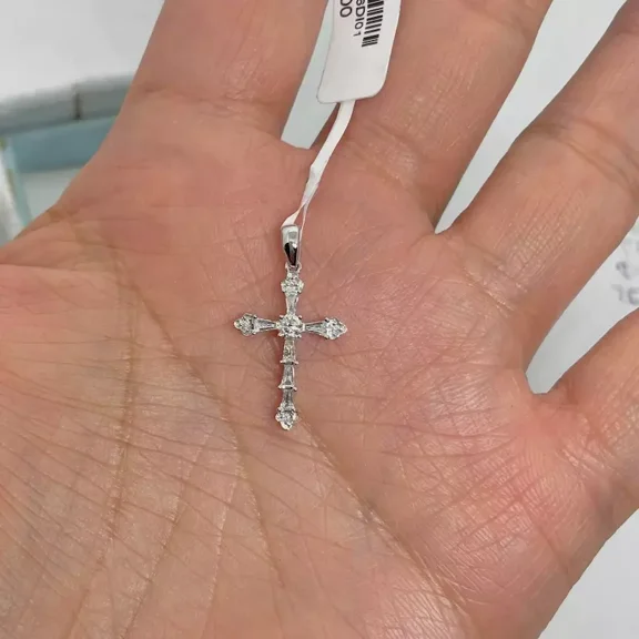 Baguette & Round Cut Moissanite Cross Pendant 14K White Gold Plated Silver