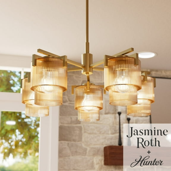 Hunter - Ontario 5-light Luxe Gold, Large Chandelier, Dimmable, Transitional Style, Round Shaped, for Bedrooms, Dining, Living Rooms - 13138