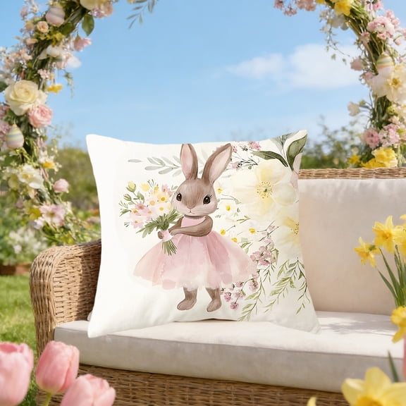 AuroraX Easter Throw Pillow Covers 18x18 Inch Outdoor Farmhouse Square Bunny Rabbits Floral Decorative Pillow Covers Spring Cushion Case for Couch Sofa Patio