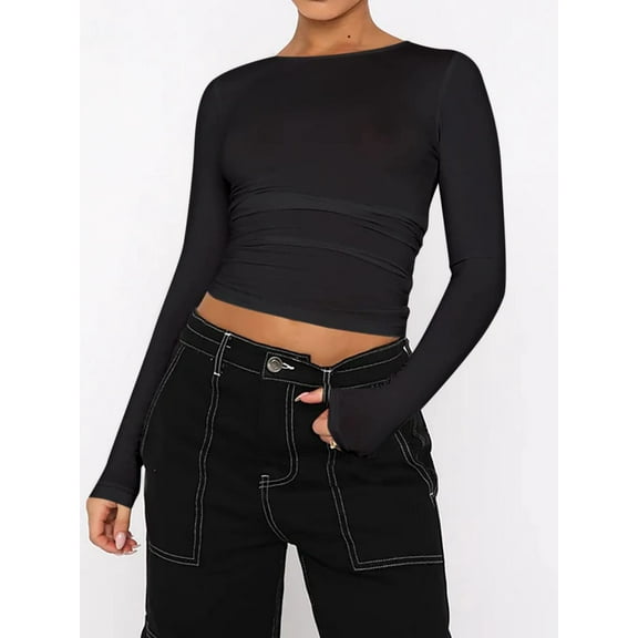 Womens Long Sleeve T Shirts Basic Scoop Neck Crop Tops Casual Slim Fitted Clothes Thermal Tee