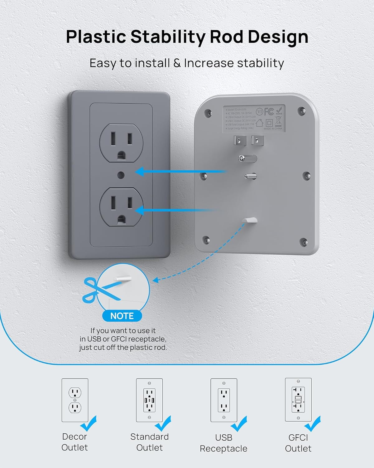 Surge Protector Outlet Extender - 5 Outlet Splitter with 3 USB Ports (1 USB C), Multi Plug Expander with ON/Off Switch, 3 Sided Multiple Wall Plug Power Strip for Home Travel Office