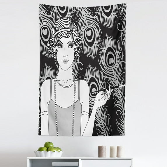 Pin up Girl Tapestry, Retro Style Party Concept and a Teenage Short Haired Teenage Girl, Fabric Wall Hanging Decor for Bedroom Living Room Dorm, 5 Sizes, Grey Pale Grey and Black, by Ambesonne