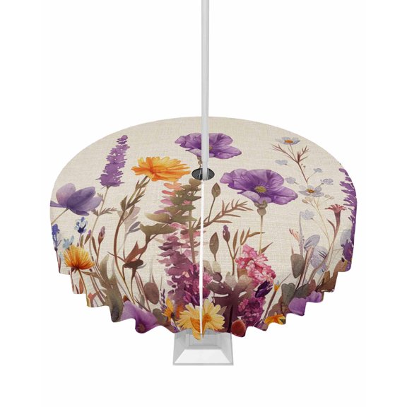 Fsddascl Spring Floral Outdoor Tablecloth - 54 Inch Round Dining Table Cover, Farmhouse Pastoral Summer Botanical Waterproof Outdoor Table Cloth with Umbrella Hole & Zipper for Picnic/Patio/Party