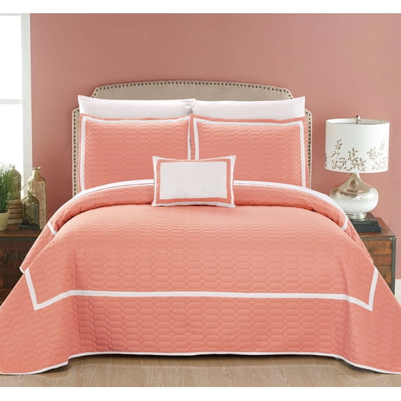 Chic Home Mesa 8 Piece Quilt Cover Set Hotel Collection Two Tone Banded Geometric Quilted Bed in a Bag Bedding - Sheets Decorative Pillow Shams Included, Queen Coral Red