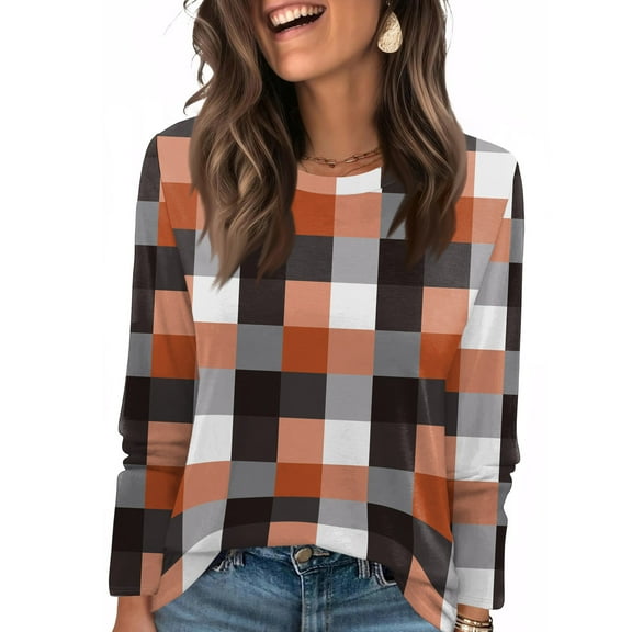 Nokdvo Sweatshirt Womens Fall Winter Plaid Crewneck Pullover Long Sleeve Casual Loose Fitting Shirts,Orange XL