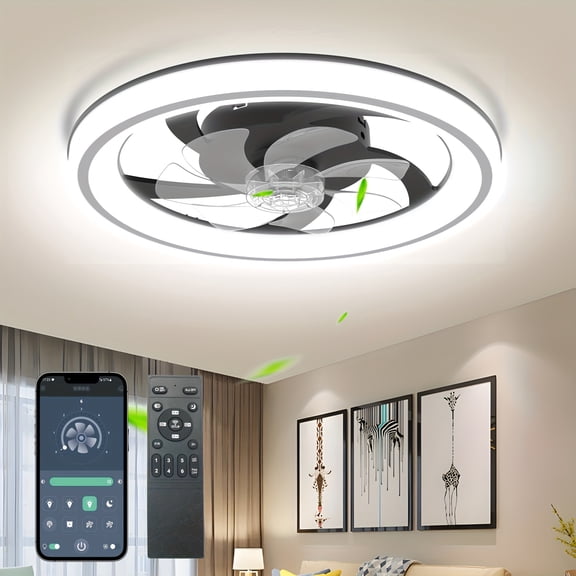 20" Modern Dimmable LED Ceiling Fan with Light, APP & Remote Contro3  Color Temperatures6 Speeds, Flush Mount, Night Mode, Timer, Polished Finish for Bedroom