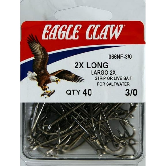 Eagle Claw 066NF3-3/0 2X Long Shank Offset Hook, Nickel, Size 3/0, 40 Pack