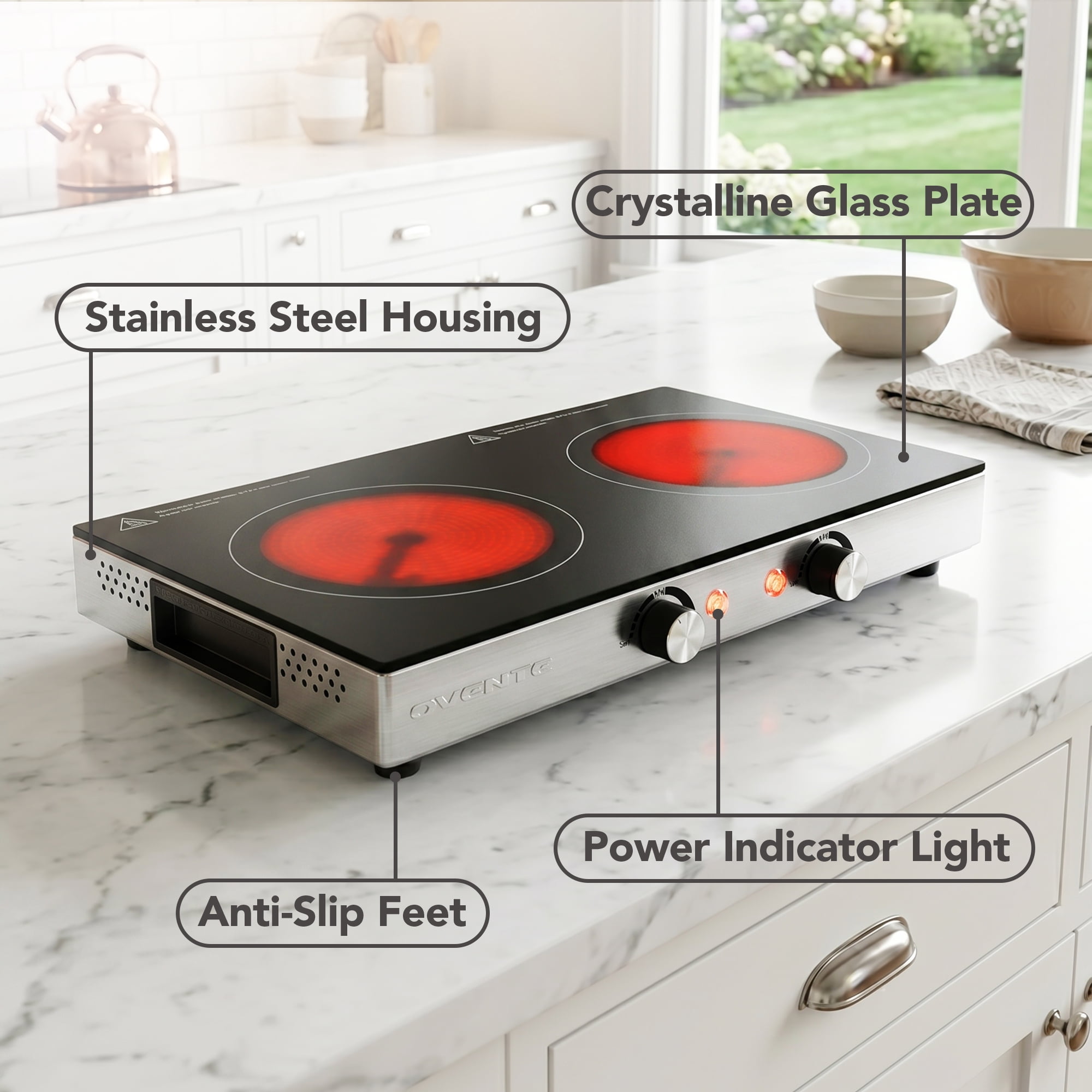 OVENTE Infrared Ceramic Double Burner, 1800W Hot Plate, Black BGI302GB, Crystalline Glass, Portable Stainless Steel Cooktop for Home, Office, or Dorm Use, Non-Slip Feet