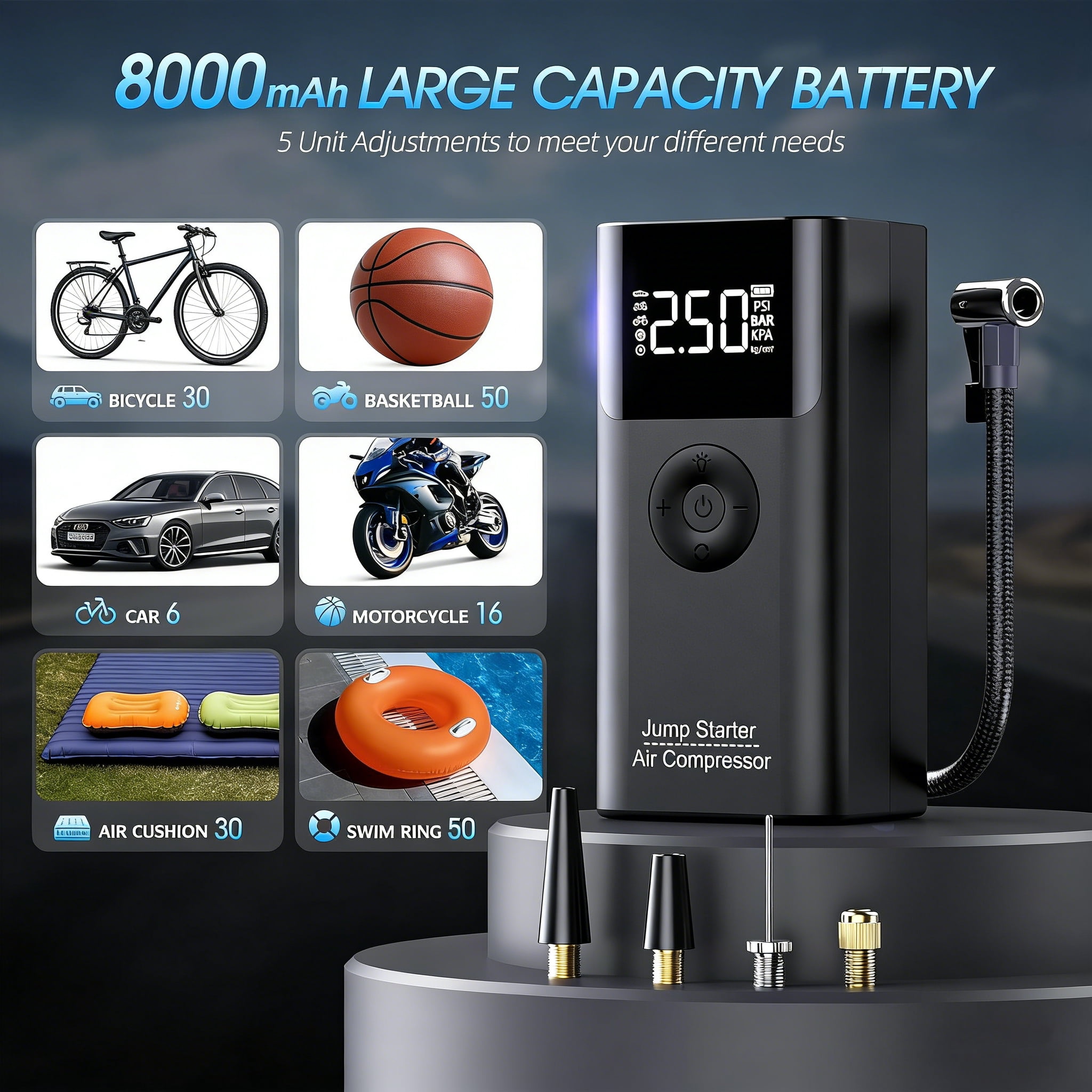 Jump Starter with Air Compressor, 2500A 150PSI Portable Car Battery Jump Starter Pack, 12V Jump Box wSith UB Fast Charge, for up to 9.0 Gas/8.0L Diesel Engine, 3 Modes Lights/Large LCD Display