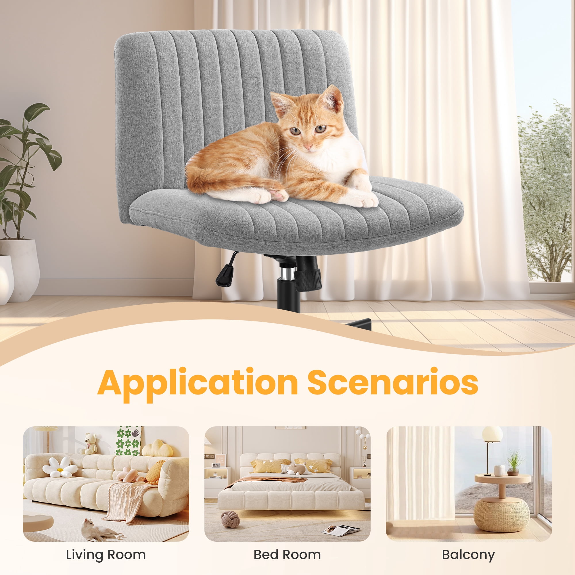 COOLHUT Office Chair Armless Criss Cross Legged Chair with Wheels, Linen Fabric Comfy Home Office Desk Chairs, Wide Seat Vanity Task Computer Chair, Light Gray