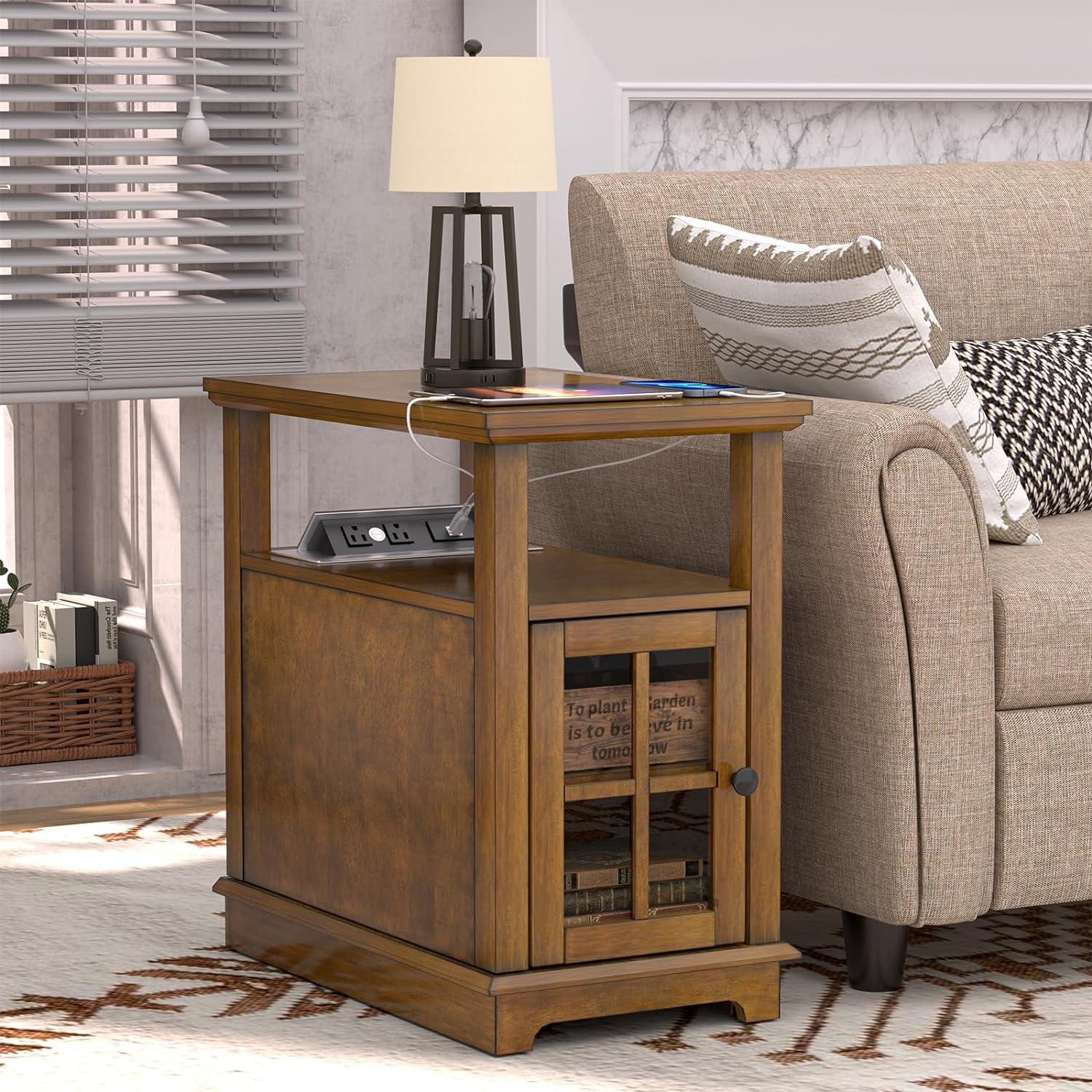 End Table with Charging Station, Narrow Side Table with Storage