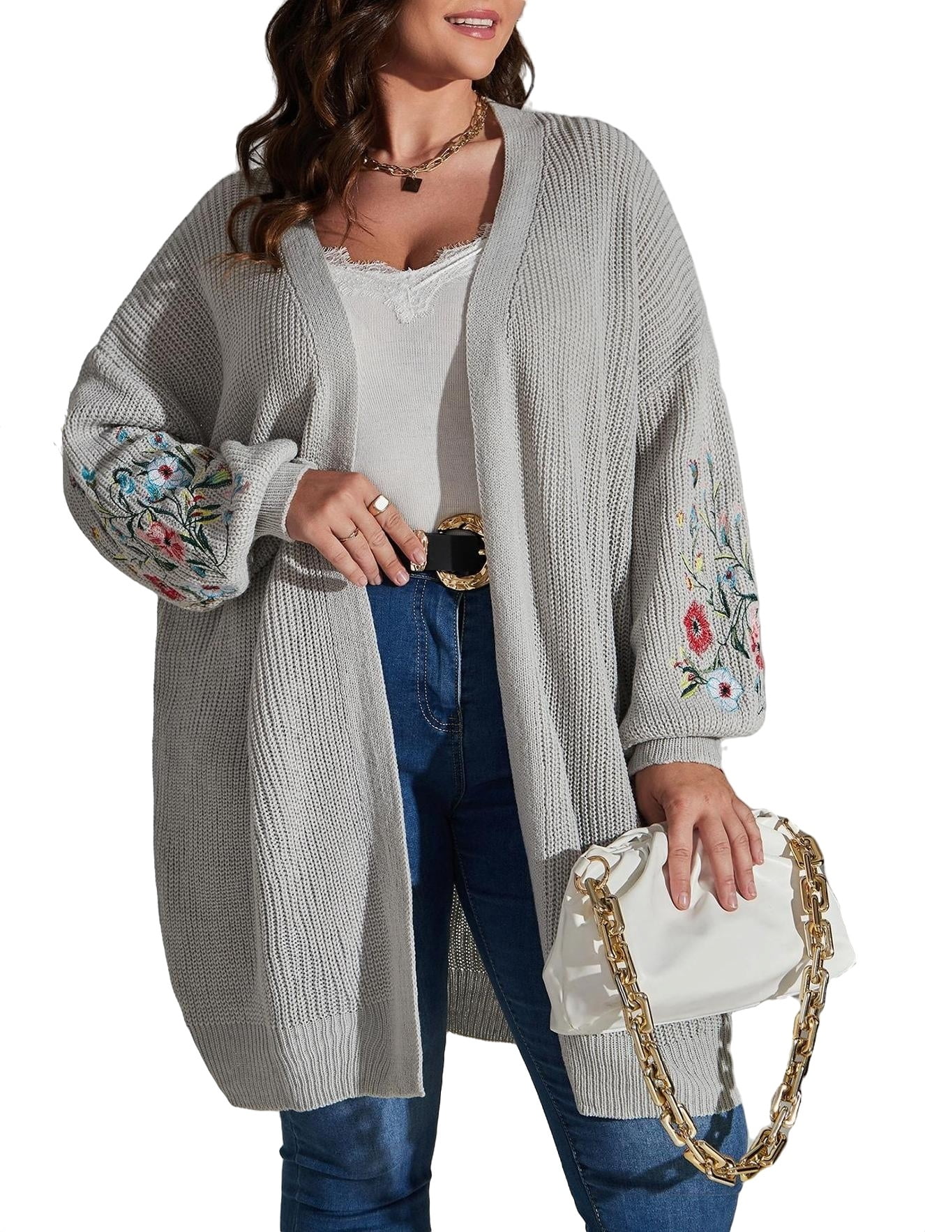 Casual Floral Cardigan Long Sleeve Light Grey Plus Size (Women's - Walmart.com