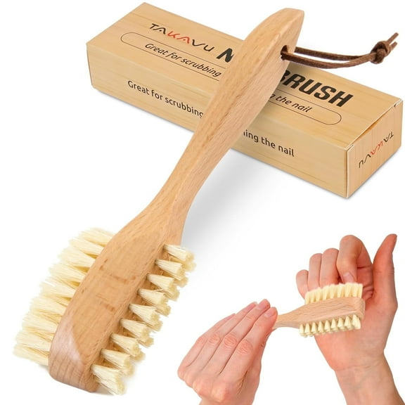 Takavu Dual-Sided Nail Brush with Pure Boar Bristles, Wooden Handle for Fingernail, Toenail, Hand & Foot Cleaning