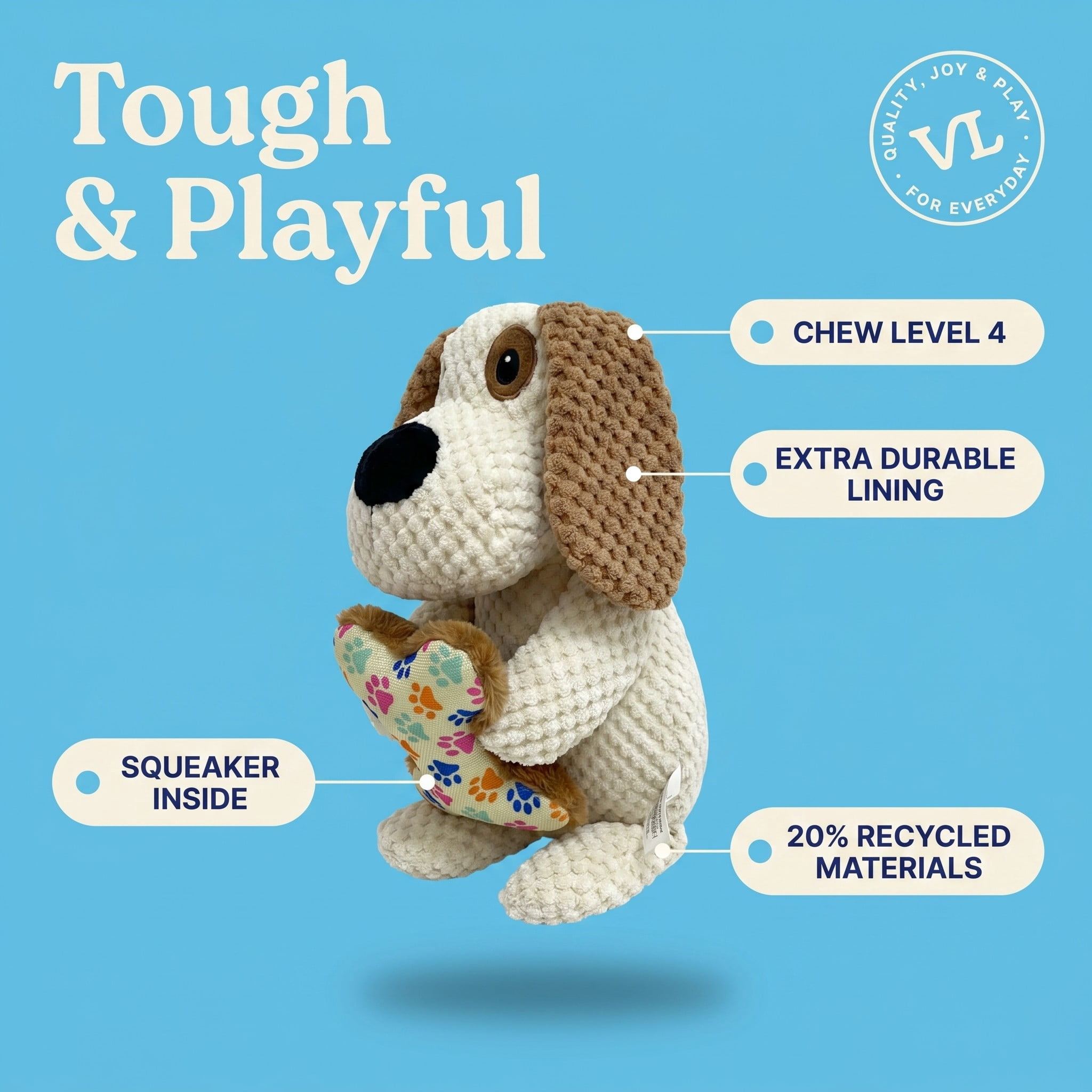 Vibrant Life Brown Dog with Bone Plush Dog Toy with Squeaker, Chew Level 4