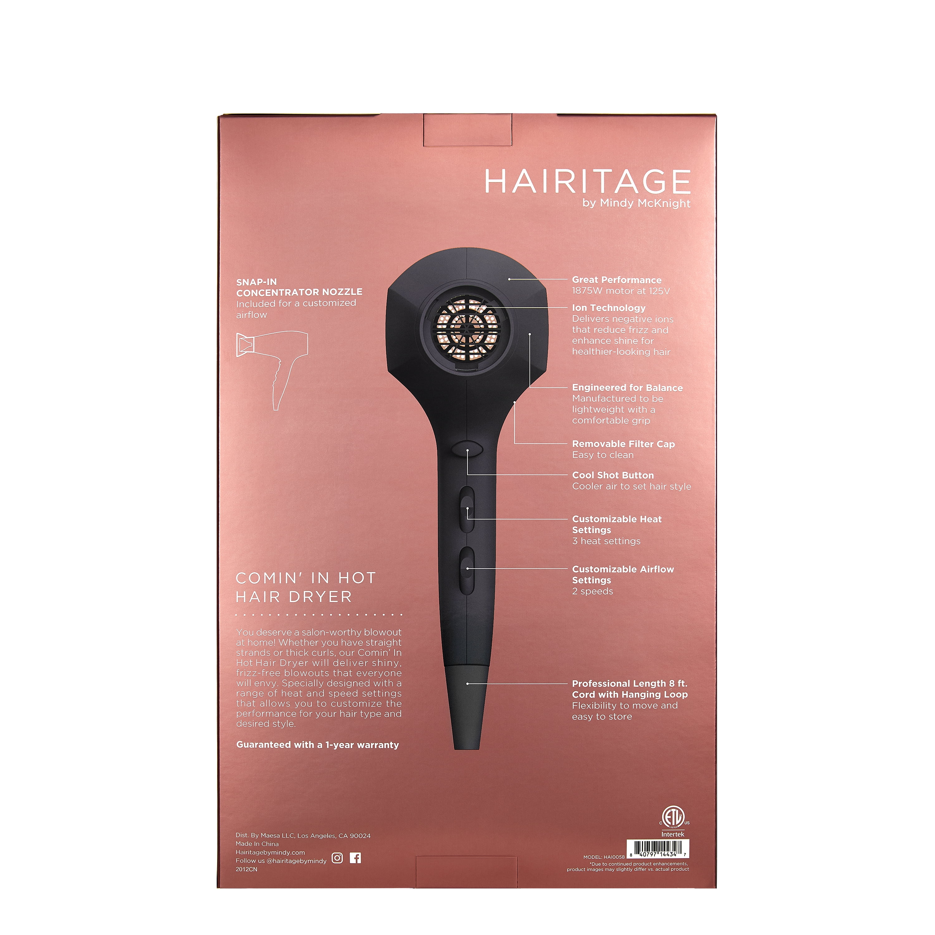Hairitage 1875 Watts Ionic Hair Blow Dryer, Frizz Control and Shine for All Hair Types​